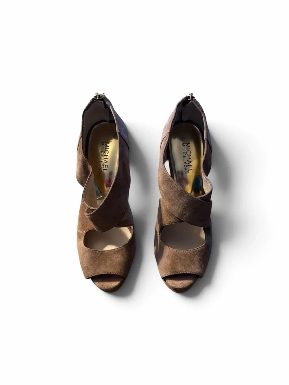 MK Michael Kors Elena Cross Strap Dark Dune Heels Size 9
